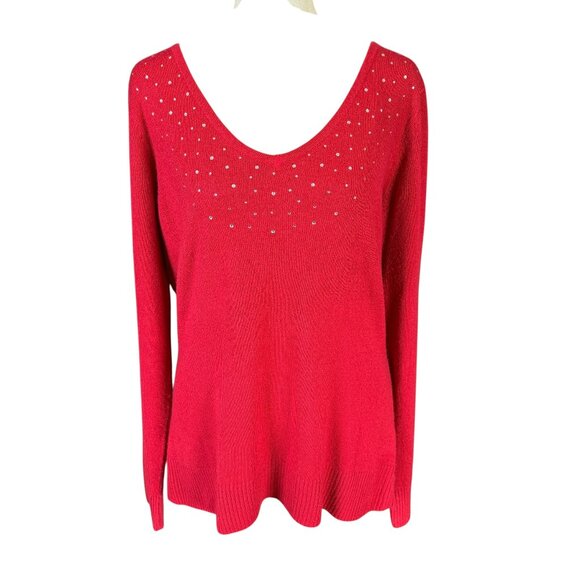 Christopher & Banks red long sleeve v-neck stretchy embellished sweater size L - Picture 1 of 8